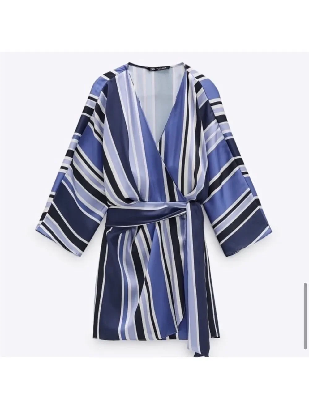 Zara Satin Striped Skort Romper Blue White Wrap V Neck NWT Size Small - Picture 2 of 16